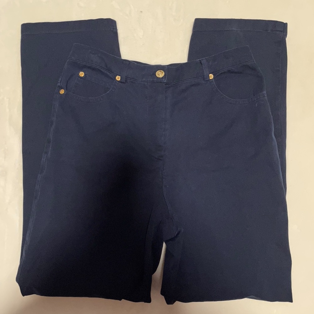 St. John by Marie Gray Navy Blue Essential Cotton Stretch Straight Leg Pants 8